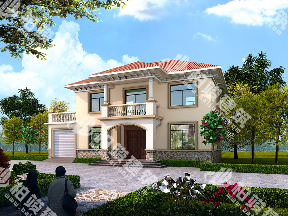 二層自建房設(shè)計(jì)圖，簡(jiǎn)歐風(fēng)格，帶車庫(kù)雙露臺(tái)