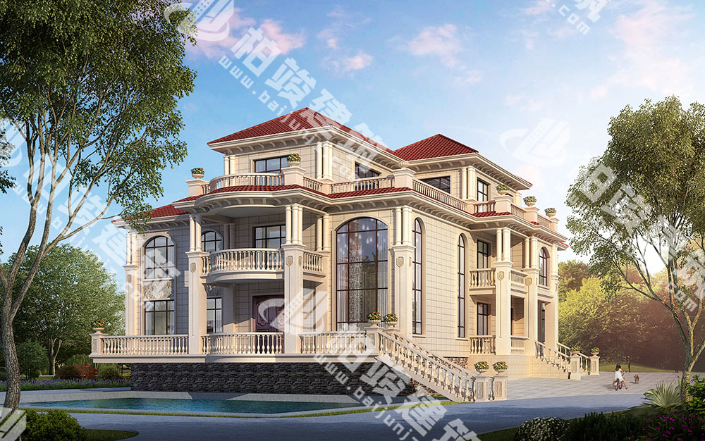 豪華三層農(nóng)村別墅，簡歐風(fēng)格，復(fù)式客廳帶超高落地窗，大占地有大氣派