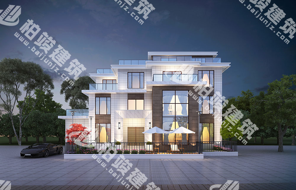 農(nóng)村三層自建房設(shè)計圖，現(xiàn)代感外形，平屋頂設(shè)計，帶車庫、5露臺