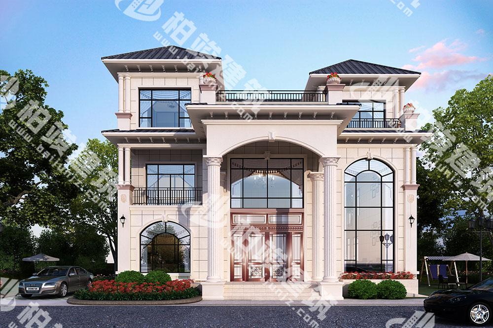 農(nóng)村三層簡歐風(fēng)別墅設(shè)計圖，超寬闊門庭大氣尊貴，帶挑空客廳落地窗