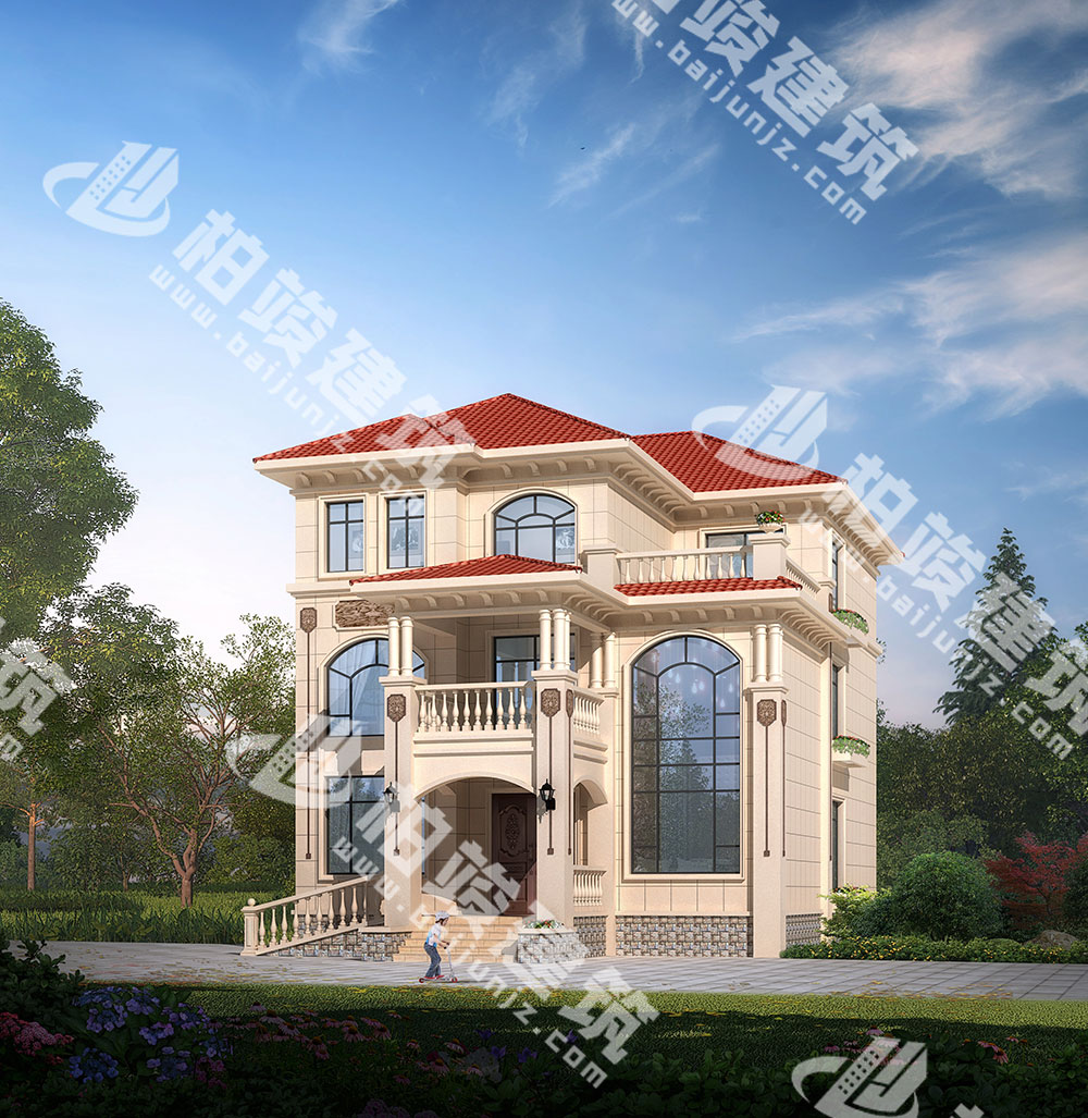 農(nóng)村三層別墅設(shè)計圖紙，簡歐風(fēng)格，帶雙層落地窗、輪椅坡道