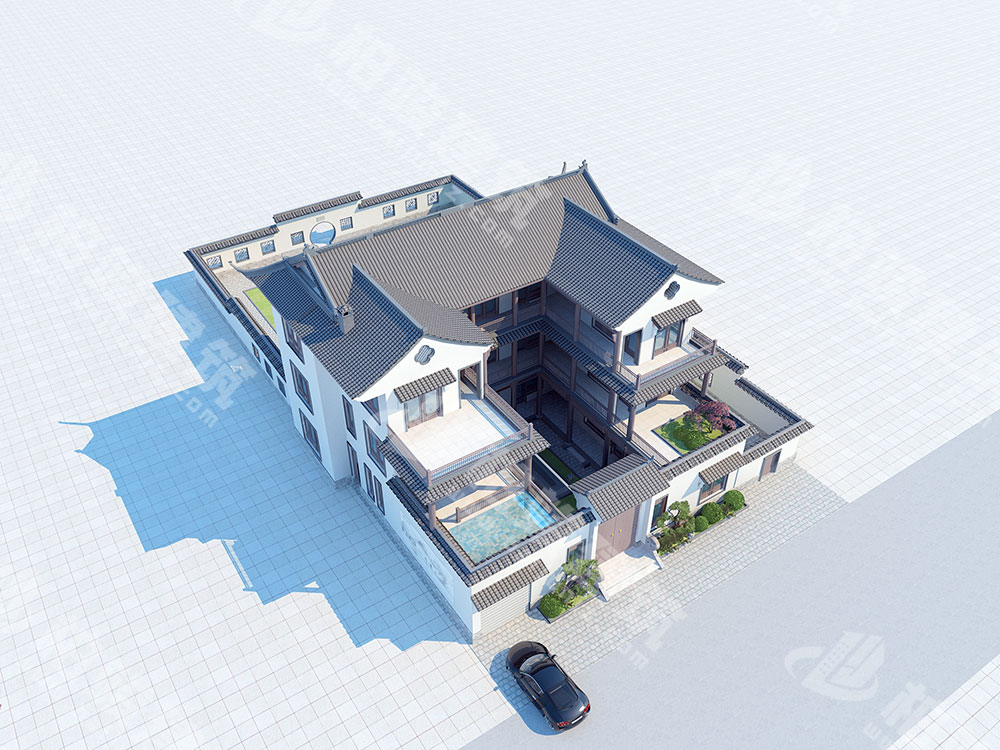 農(nóng)村自建三層三合院設(shè)計(jì)圖，內(nèi)部10室，帶大面積中式庭院