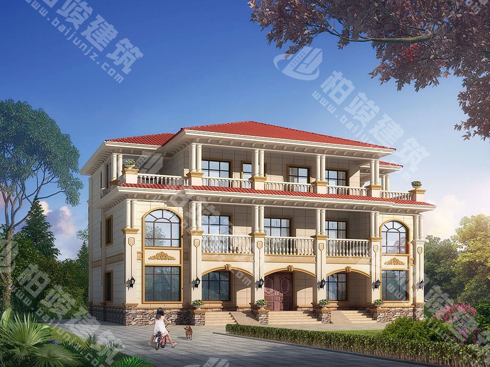 農(nóng)村自建房設(shè)計(jì)圖，三層雙拼別墅，氣派簡(jiǎn)歐風(fēng)格，帶堂屋神龕位