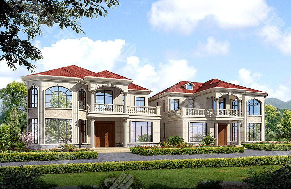 農(nóng)村二層小別墅設(shè)計(jì)，簡(jiǎn)歐風(fēng)格，挑空客廳帶八角落地窗，采光絕佳