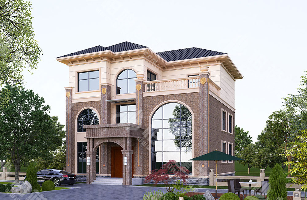 農(nóng)村自建房設(shè)計(jì)圖，三層簡(jiǎn)歐風(fēng)格，外形恢弘典雅，帶超高落地窗、電梯、煙囪