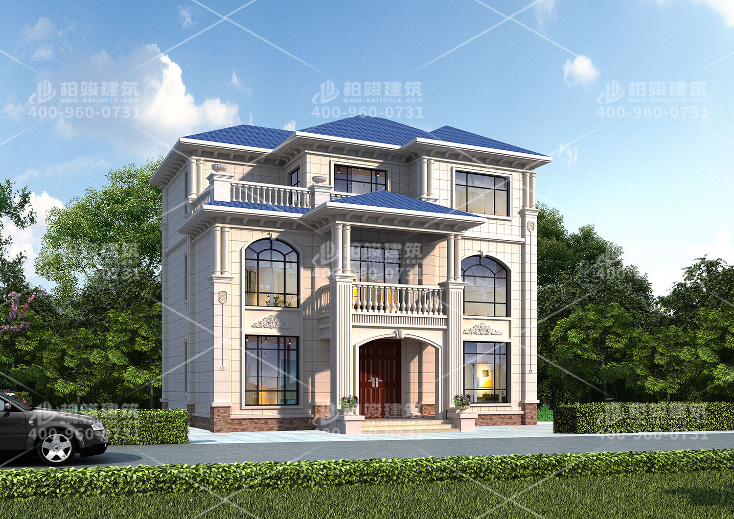 三層斜屋頂自建房效果圖，帶大露臺享受陽光浴。