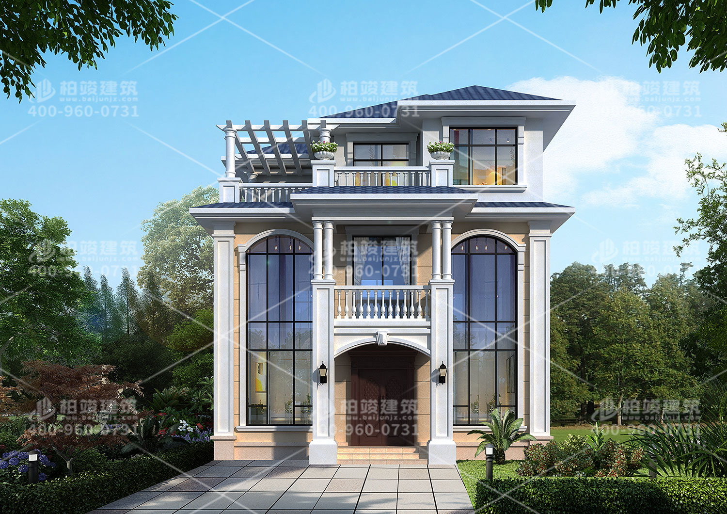 三層歐式風(fēng)格別墅效果圖，斜屋頂帶羅馬柱。