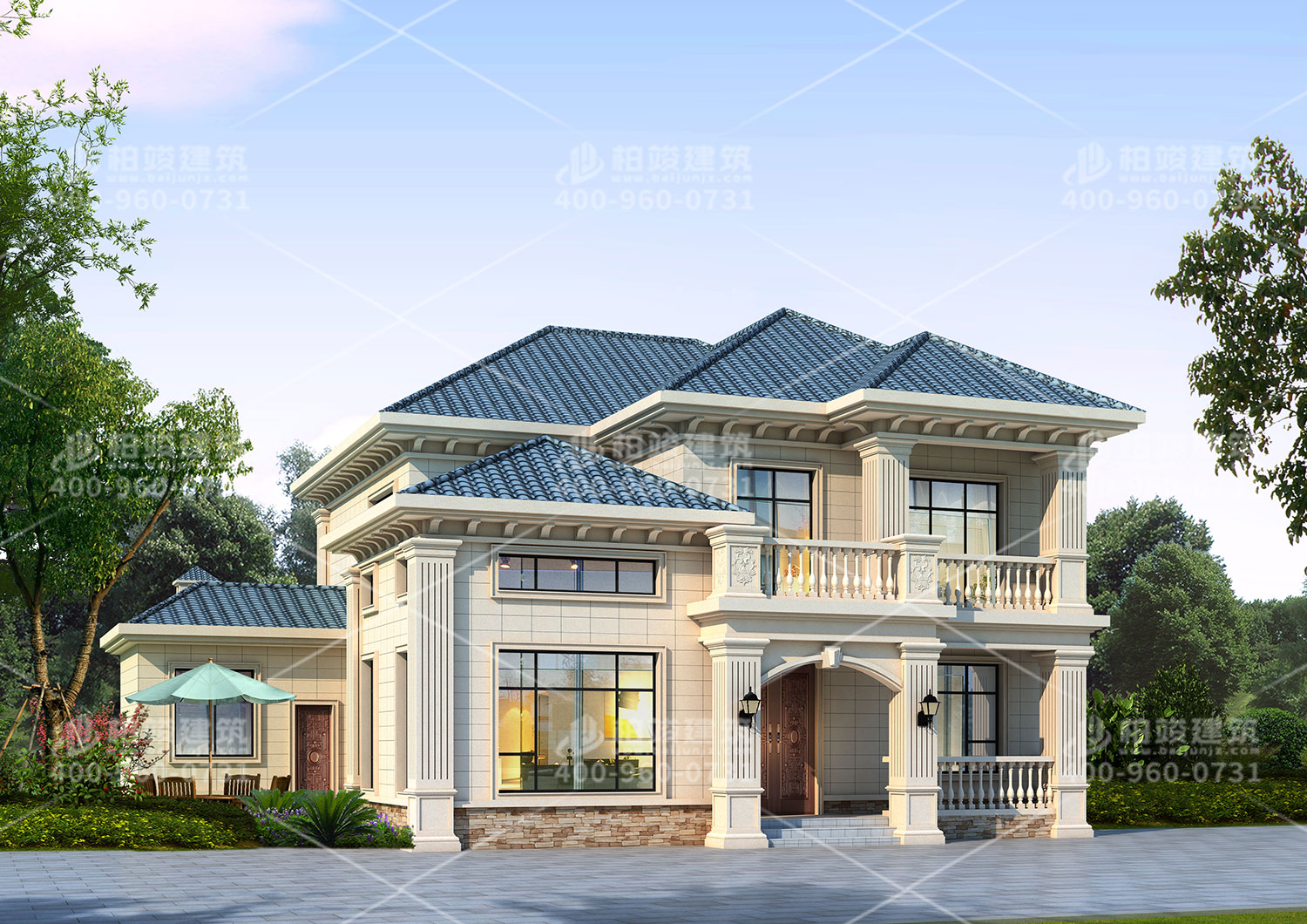 新中式別墅設(shè)計圖，帶輔房墨綠色房頂。