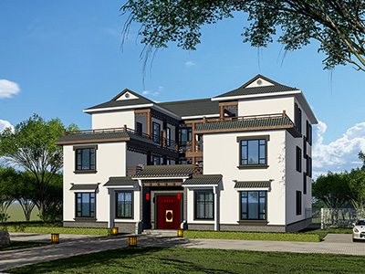 三層中式帶院子別墅效果圖，像古代大官府邸。