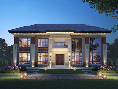 中式風格別墅設計圖，客廳挑空設計。