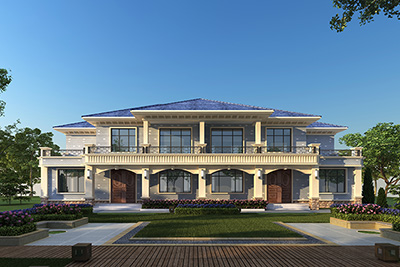 二層雙拼別墅設(shè)計，米白色和灰色搭配的外墻。