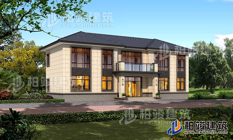 新中式二層別墅，米白色格子線條外墻十分好看。