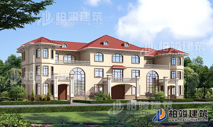 新款農(nóng)村三拼三戶別墅設(shè)計圖及效果圖三層戶型，外觀靚麗新穎BZ387-簡歐風(fēng)格