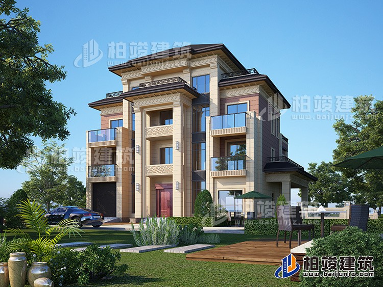 新款農(nóng)村四層別墅設計圖紙及效果圖，外立面清新別致BZ412-新中式風格