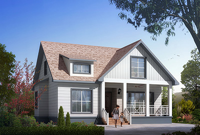 美式風(fēng)格一層農(nóng)村別墅設(shè)計圖效果圖，帶閣樓設(shè)計