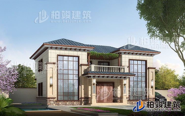 二層新農(nóng)村170平方米小雙拼房屋設(shè)計(jì)圖紙，全套施工圖及效果圖BZ2523-新中式風(fēng)格