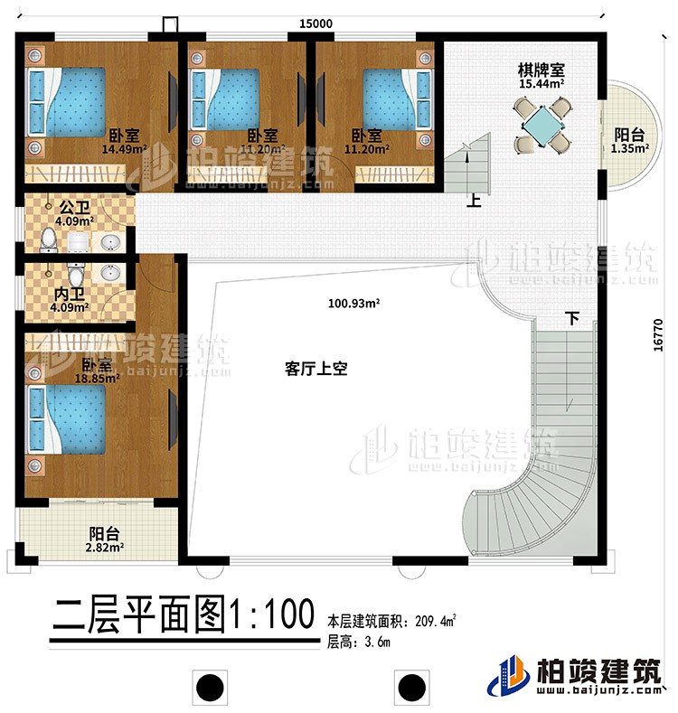 二層：4臥室、公衛(wèi)、內(nèi)衛(wèi)、棋牌室、2陽臺、客廳上空