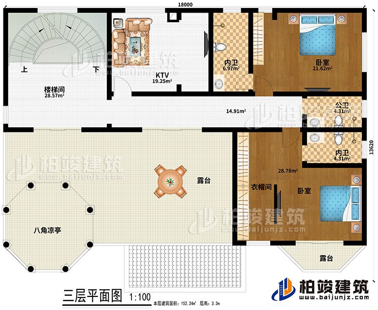 三層：樓梯間、KTV、2臥室、衣帽間、2內衛(wèi)、公衛(wèi)、2露臺、八角涼亭