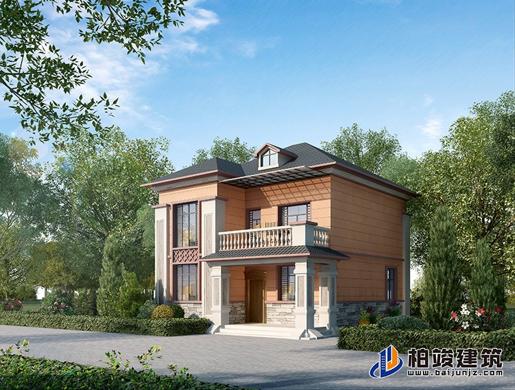 二層簡(jiǎn)中式小別墅設(shè)計(jì)方案，全套建筑設(shè)計(jì)圖紙+外觀效果圖BZ2517-新中式風(fēng)格