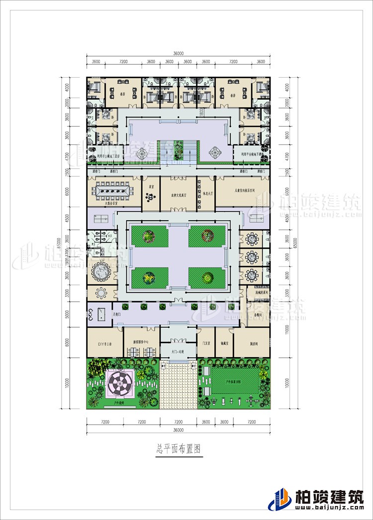 一層：2戶外花園、大門(mén)+磚碉、門(mén)衛(wèi)室、游客服務(wù)中心、手工坊、3儲(chǔ)藏間、5餐廳、公衛(wèi)、13內(nèi)衛(wèi)、大型會(huì)議室、茶室、文化大廳、休息大廳、兒童室內(nèi)娛樂(lè)空間、客廳、10臥室
