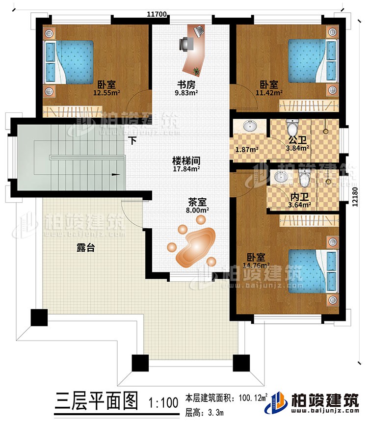 三層：樓梯間、書(shū)房、茶室、3臥室、公衛(wèi)、內(nèi)衛(wèi)、露臺(tái)