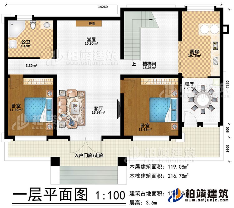 一層：入戶門廊/走廊、客廳、堂屋、神龕、樓梯間、廚房、餐廳、2臥室、公衛(wèi)