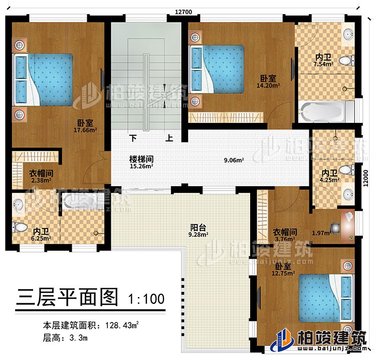 三層：樓梯間、3臥室、2衣帽間、3內(nèi)衛(wèi)、陽臺