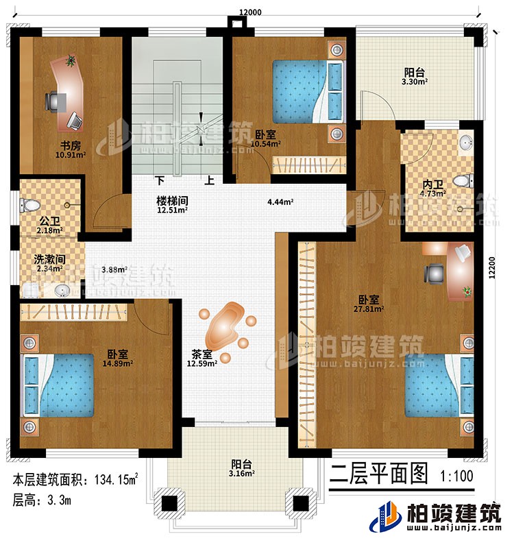 二層：樓梯間、茶室、3臥室、洗漱間、公衛(wèi)、內(nèi)衛(wèi)、2陽(yáng)臺(tái)