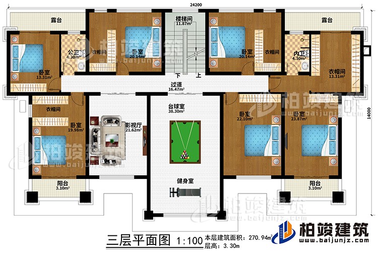 三層：過道、樓梯間、影視廳、臺球室、健身室、6臥室、4衣帽間、公衛(wèi)、內衛(wèi)、2露臺、2陽臺