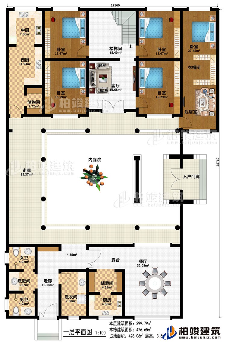 一層：入戶門廊、內(nèi)庭院、2走廊、餐廳、廚房、中廚、西廚、2儲物間、5臥室、起居室、衣帽間、樓梯間、客廳、洗衣間、洗漱間、女衛(wèi)、男衛(wèi)
